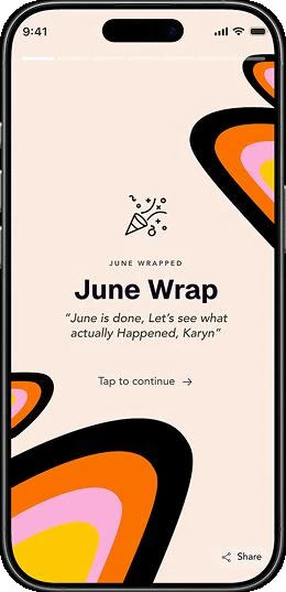 The Pactit June Wrap recap screen, styled like a year-in-review story.